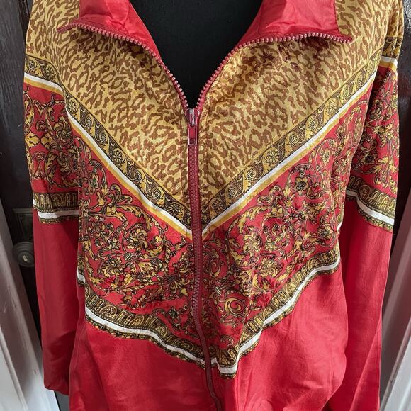 Vintage Lauren Brooke 80s Red Gold Leopard Windbreaker Jacket Womens 3X - Picture 2 of 9